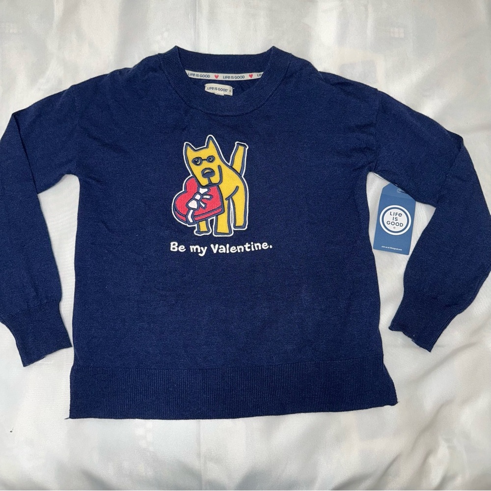 Life is Good sweater lightweight‎ navy blue Be My Valentine with Rocket small